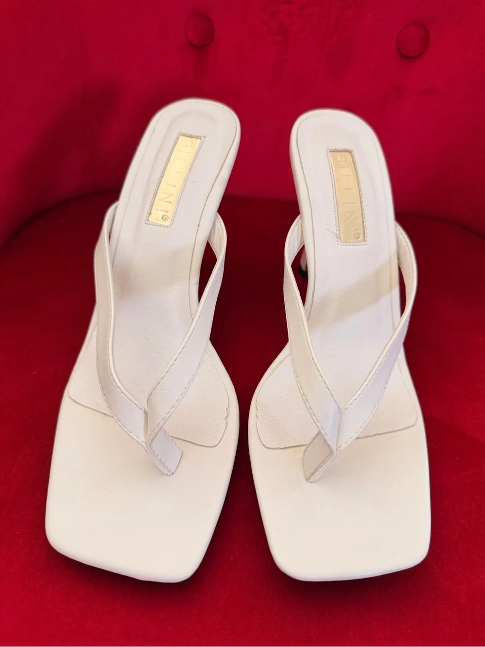 Billini White Square-Toe Thong Heels 10M